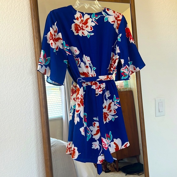 Blue with Red Orange Hawaiian Floral Print Romper Jumpsuit - Picture 2 of 3